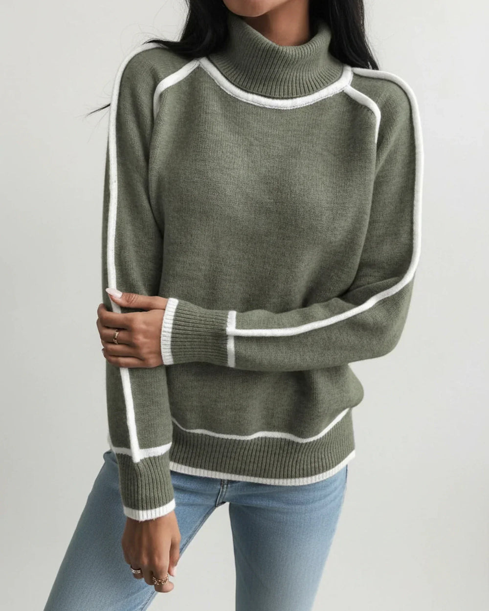 Women's Contrast Piped Turtleneck Sweater, Fine Knit Relaxed Pullover