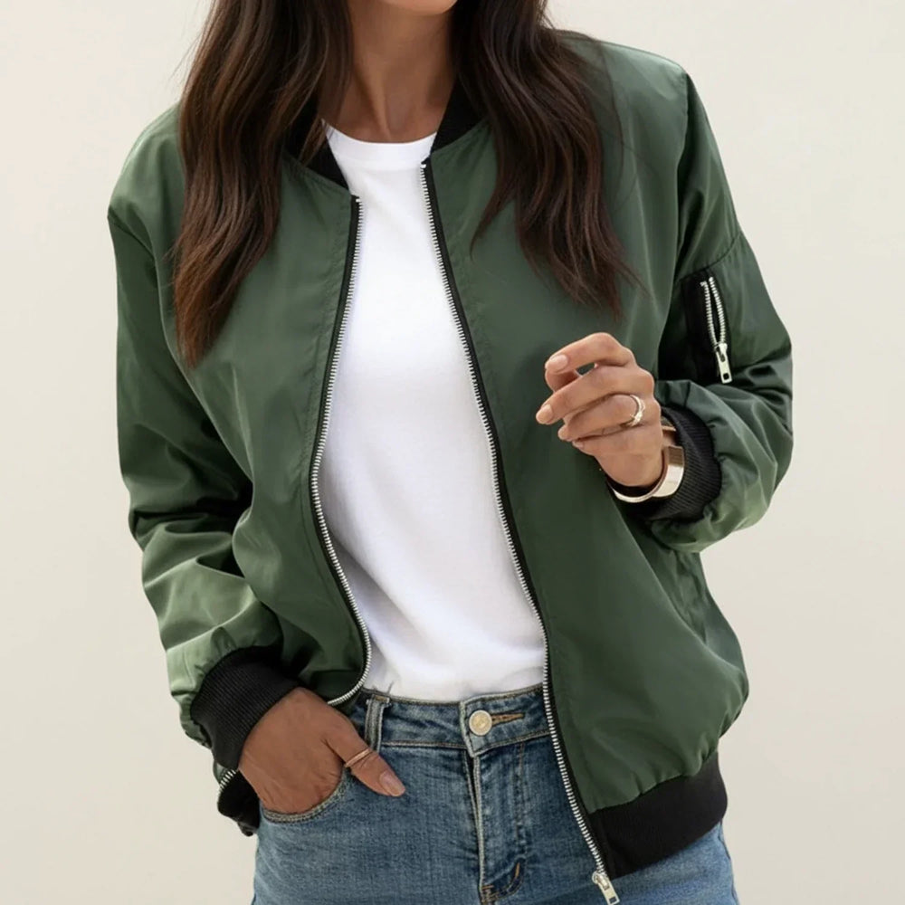Women's Lightweight Bomber Jacket, Zip Up Sleeve Pocket Casual Flight Jacket