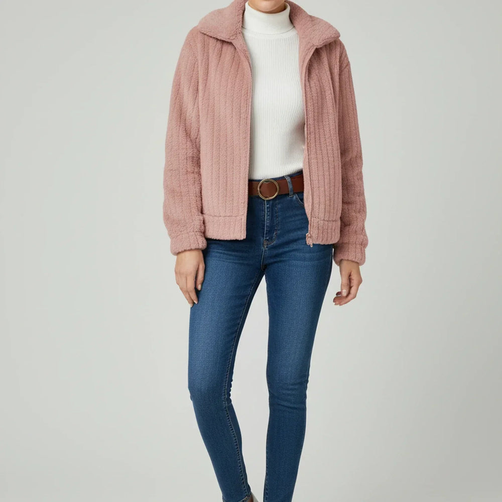 Women's Plush Ribbed Fleece Zip Up Jacket, Spread Collar Banded Hem Winter Jacket