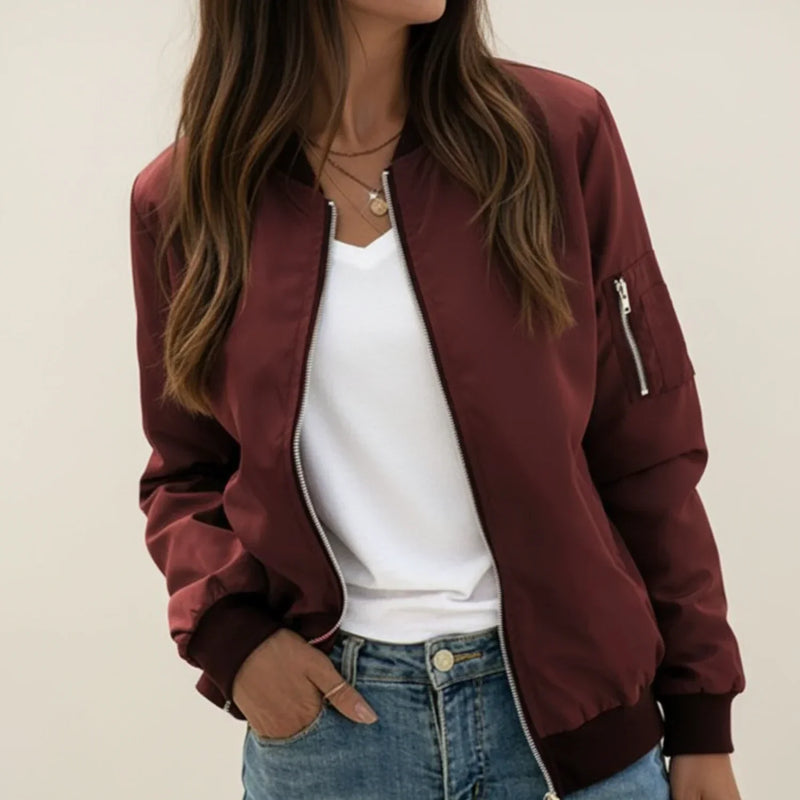 Women's Lightweight Bomber Jacket, Zip Up Sleeve Pocket Casual Flight Jacket