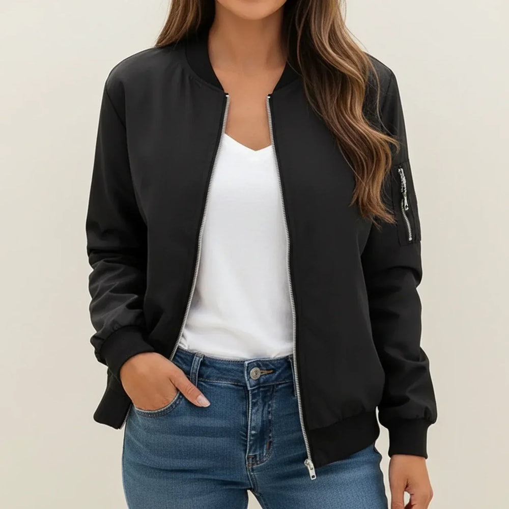 Women's Lightweight Bomber Jacket, Zip Up Sleeve Pocket Casual Flight Jacket