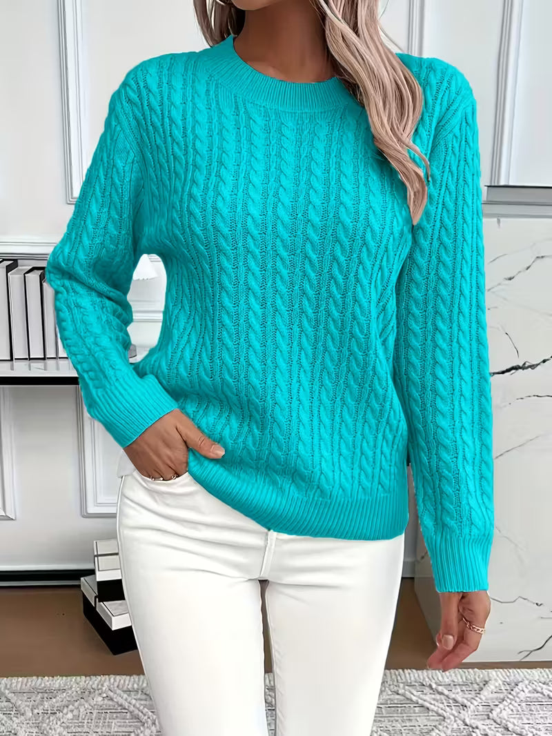Women's Cable Knit Crewneck Sweater, Classic Fit Long Sleeve Winter Pullover