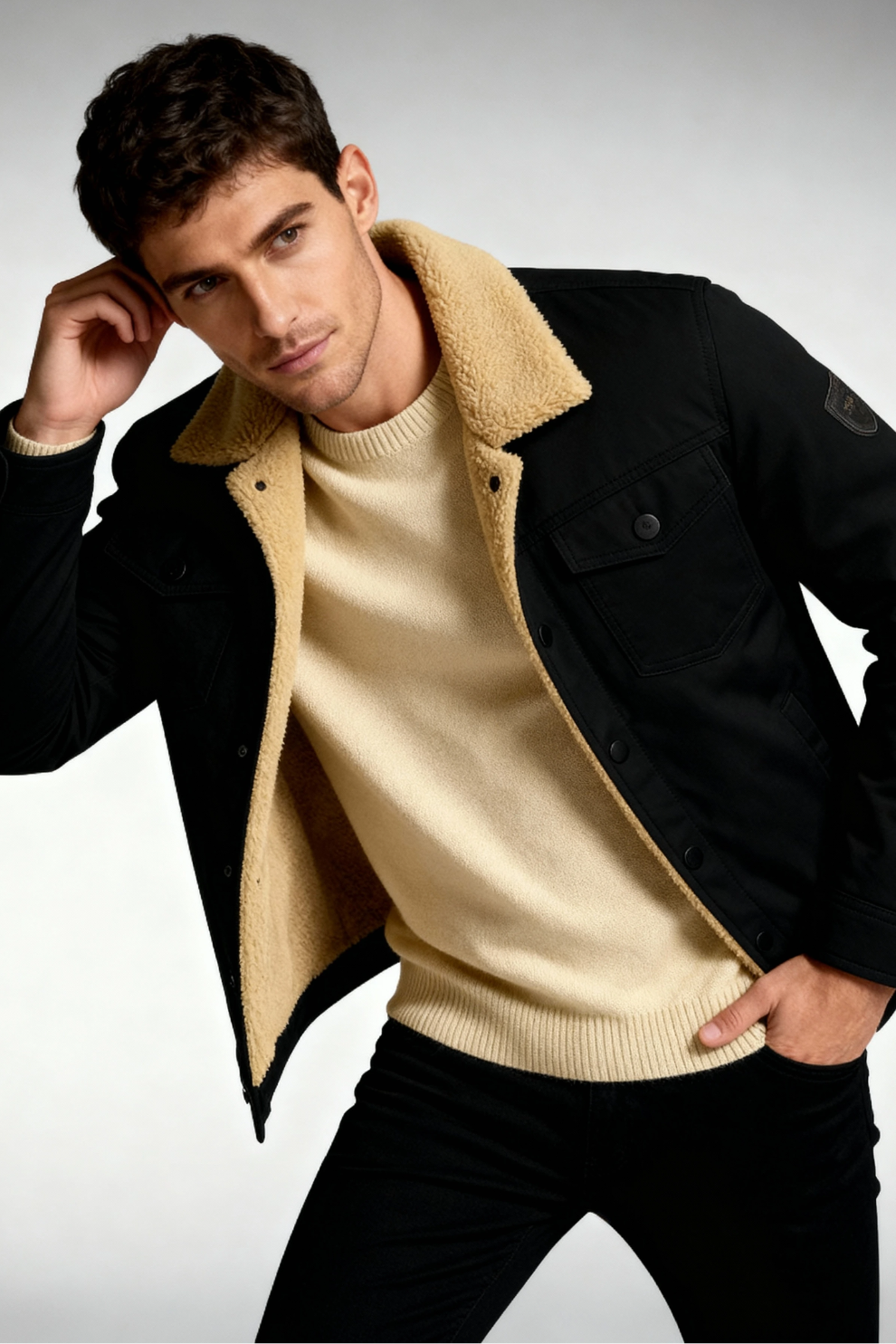 Men's Sherpa Collar Twill Trucker Jacket, Button Front Lined Winter Jacket