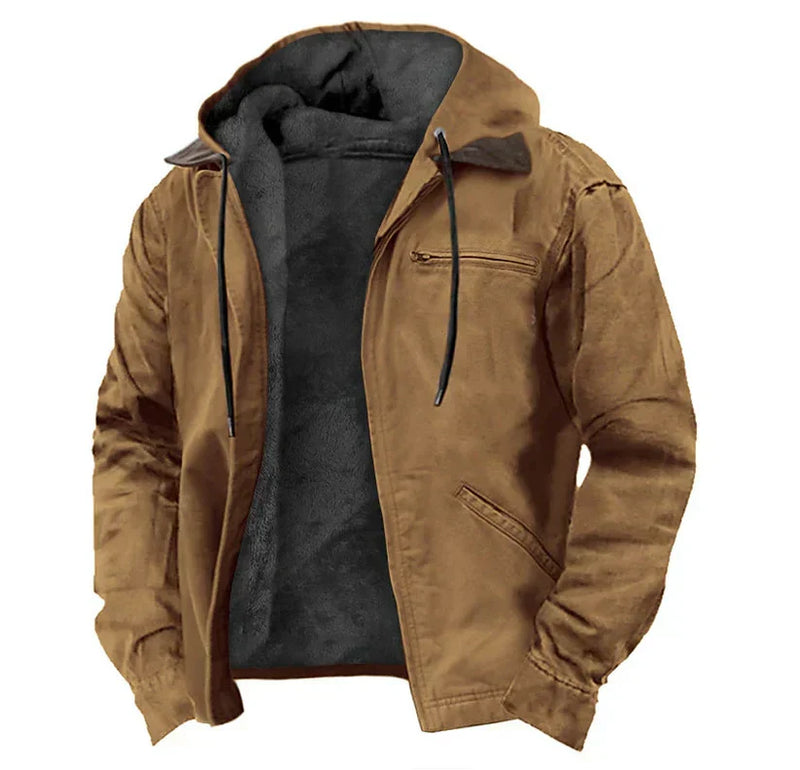 Men's Fleece Lined Hooded Work Jacket, Rugged Washed Utility Winter Jacket