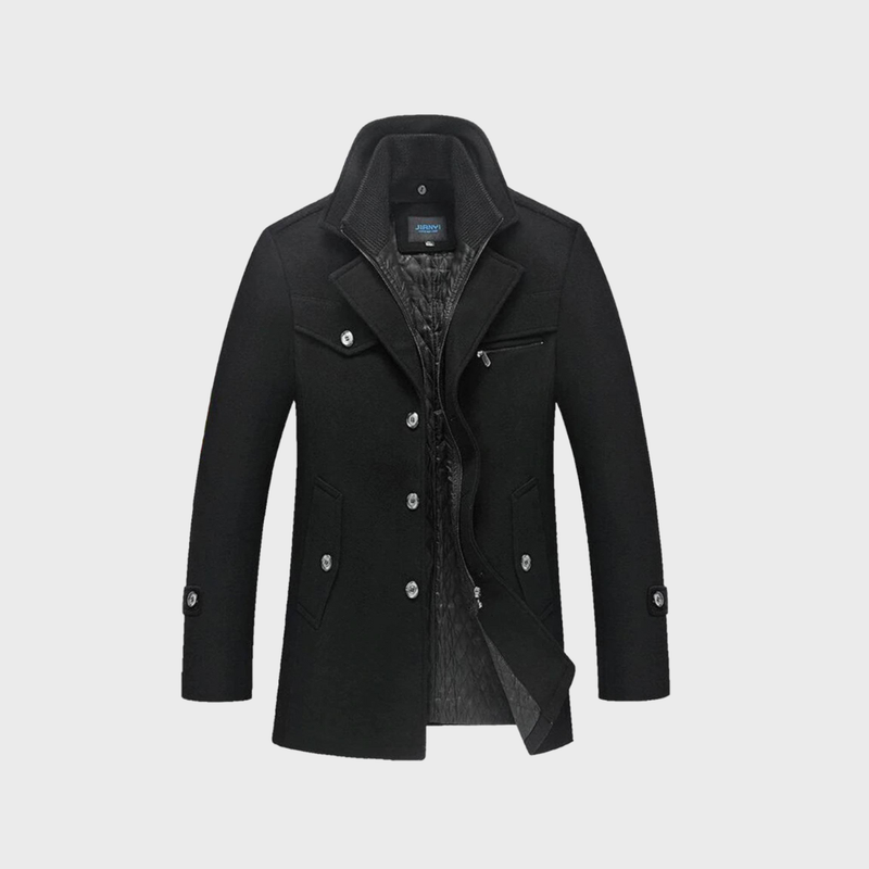 Men's Double Collar Car Coat, Quilted Lined Button Front Winter Coat