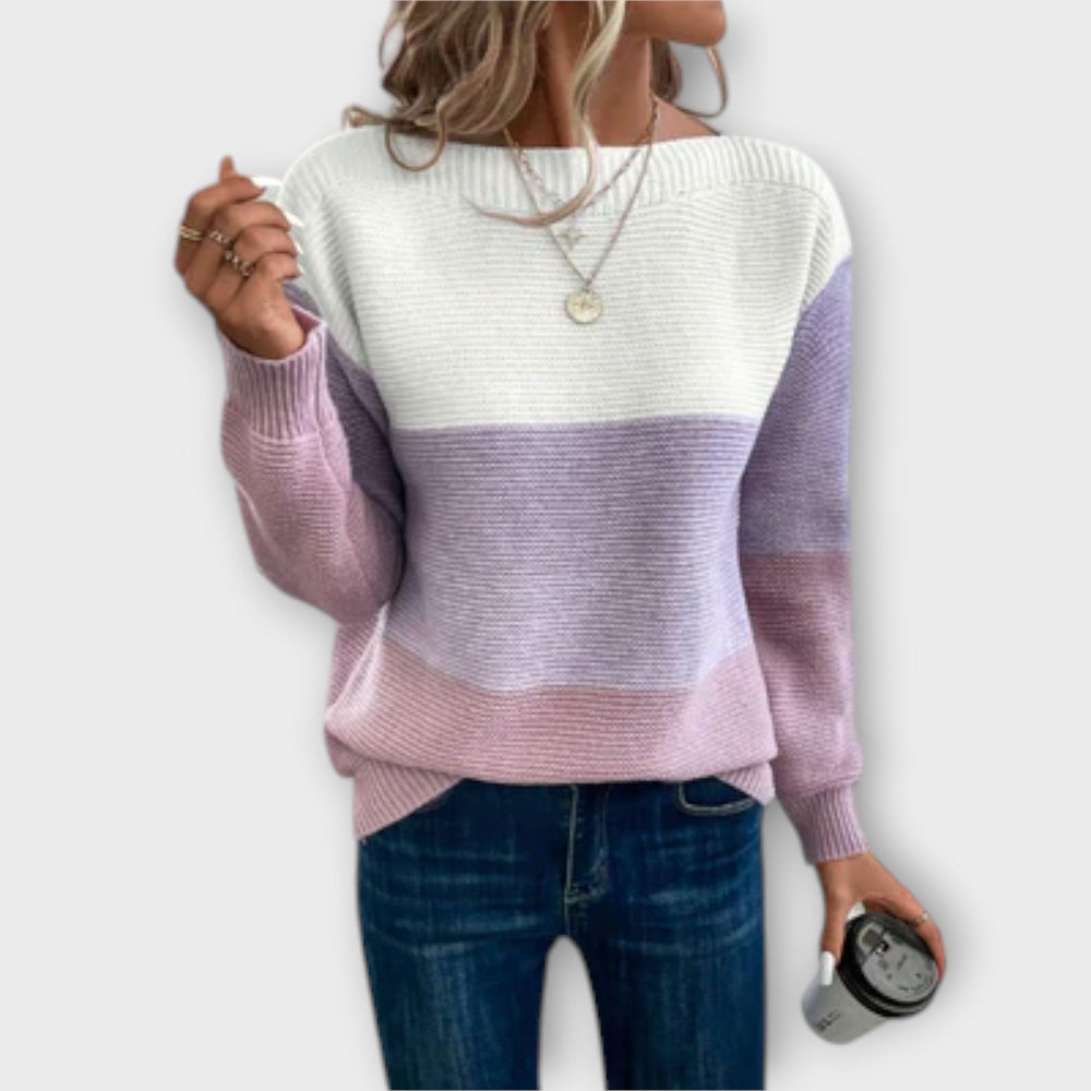 Women's Three Tone Color Block Sweater, Boat Neck Drop Shoulder Knit Pullover