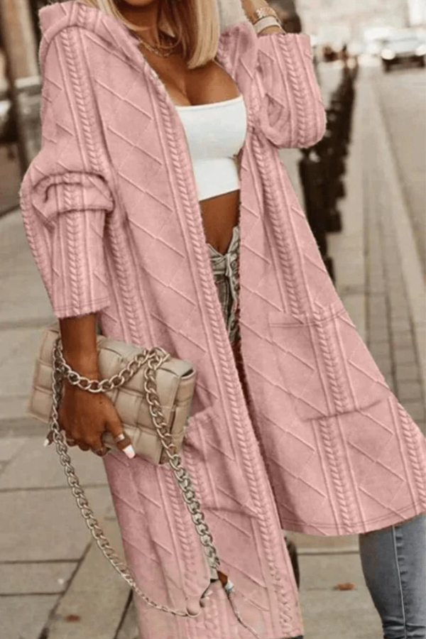 Women's Hooded Longline Cardigan, Cable Diamond Knit Open Front Patch Pocket Sweater