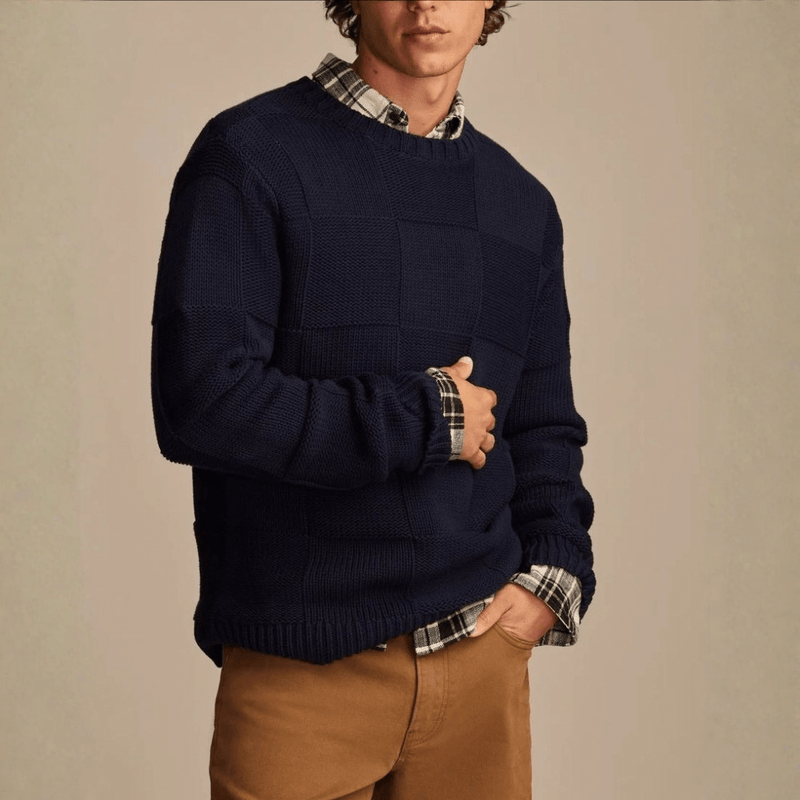 Men's Checkerboard Textured Knit Sweater, Crewneck Everyday Winter Pullover