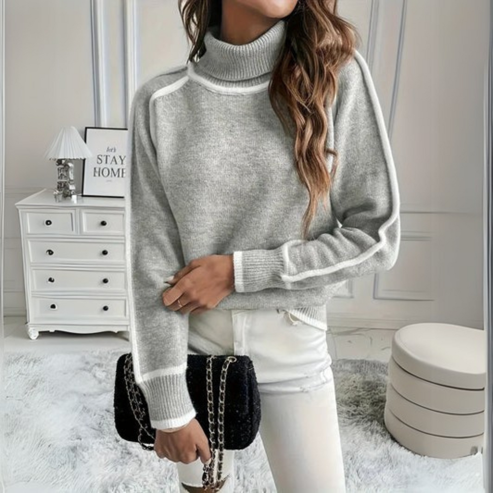 Women's Contrast Trim Turtleneck Sweater, Relaxed Soft Knit Winter Pullover