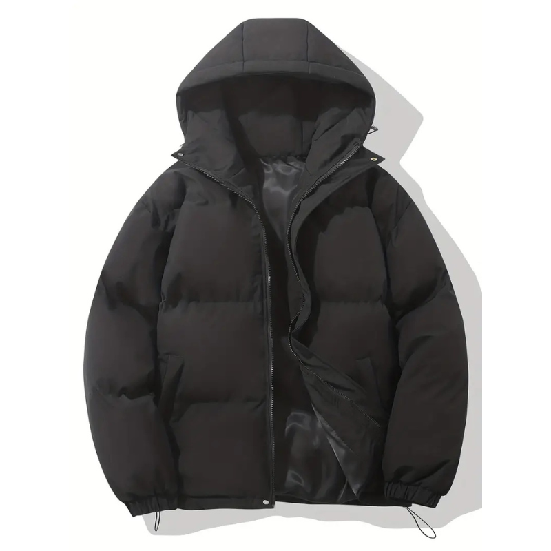 Men's Boxy Hooded Puffer Jacket, Quilted Drawcord Hem Zip Up Winter Coat
