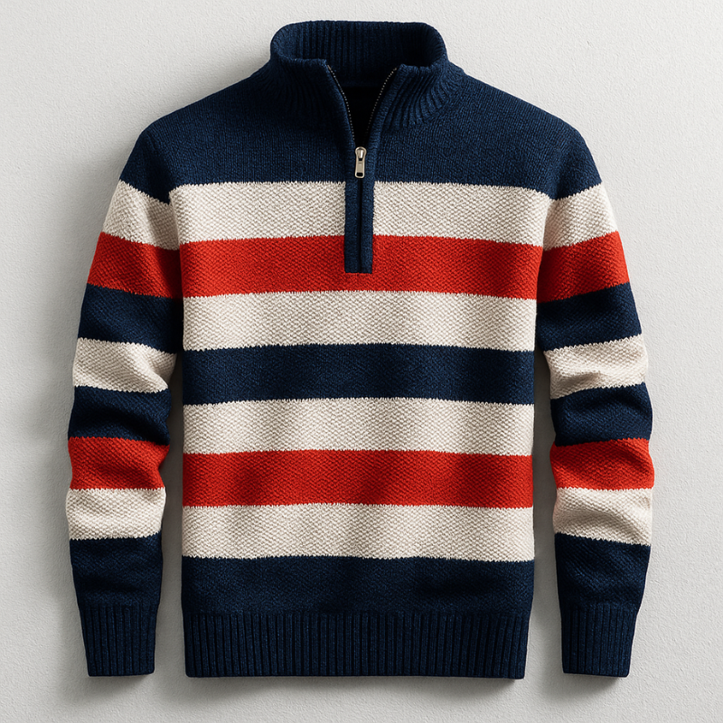 Men's Wide Stripe Quarter Zip Sweater, Textured Knit Stand Collar Pullover
