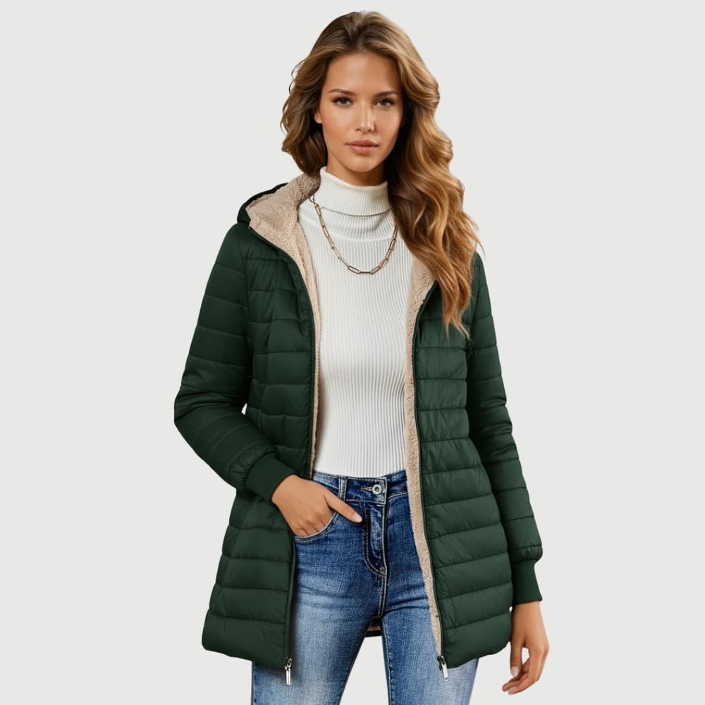 Women's Fleece Lined Quilted Puffer Jacket, Hooded Zip Up Fitted Winter Coat