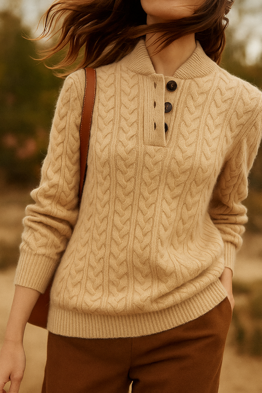 Women's Cable Knit Button Neck Sweater, Stand Collar Henley Pullover