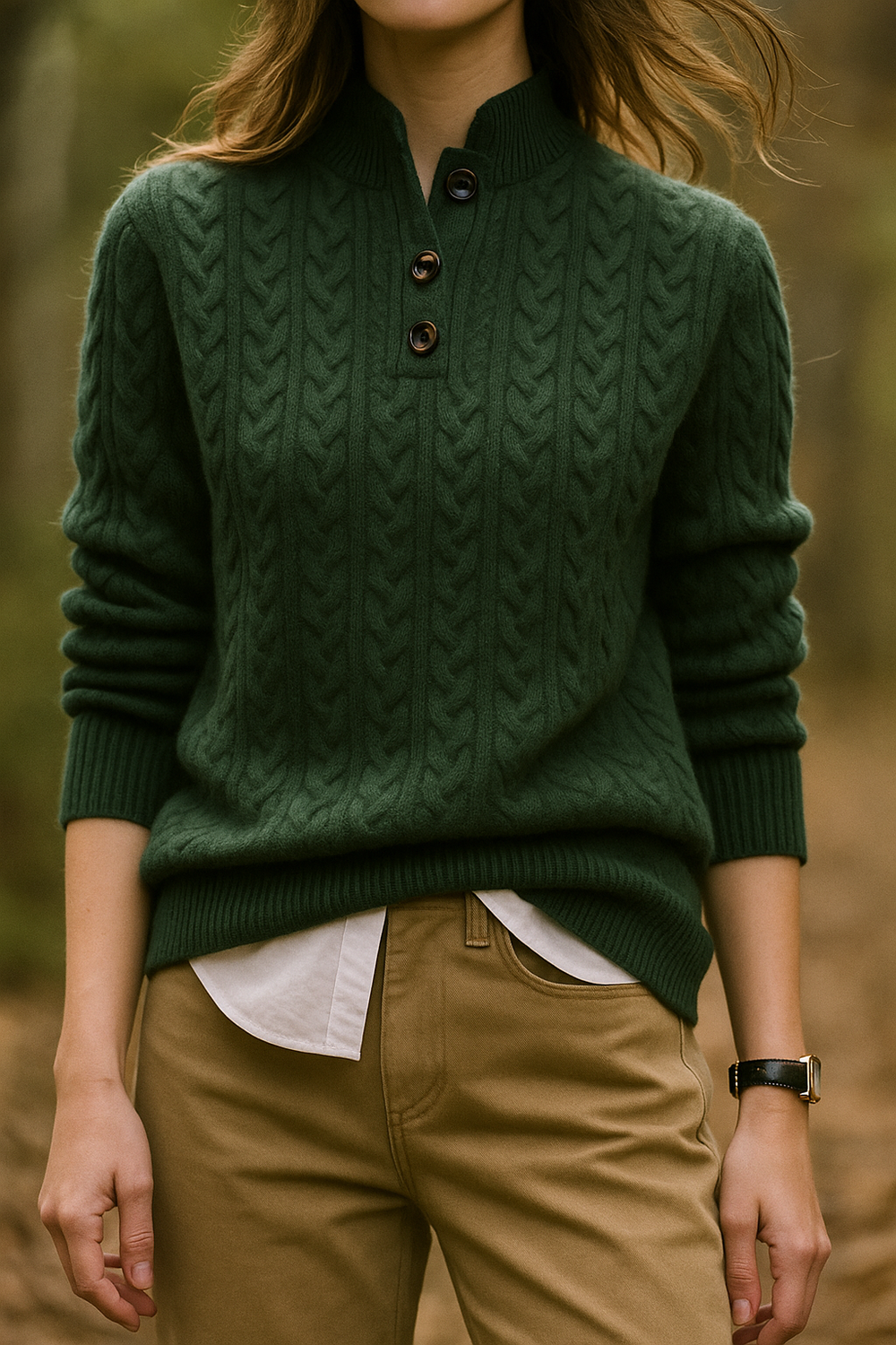 Women's Cable Knit Button Neck Sweater, Stand Collar Henley Pullover