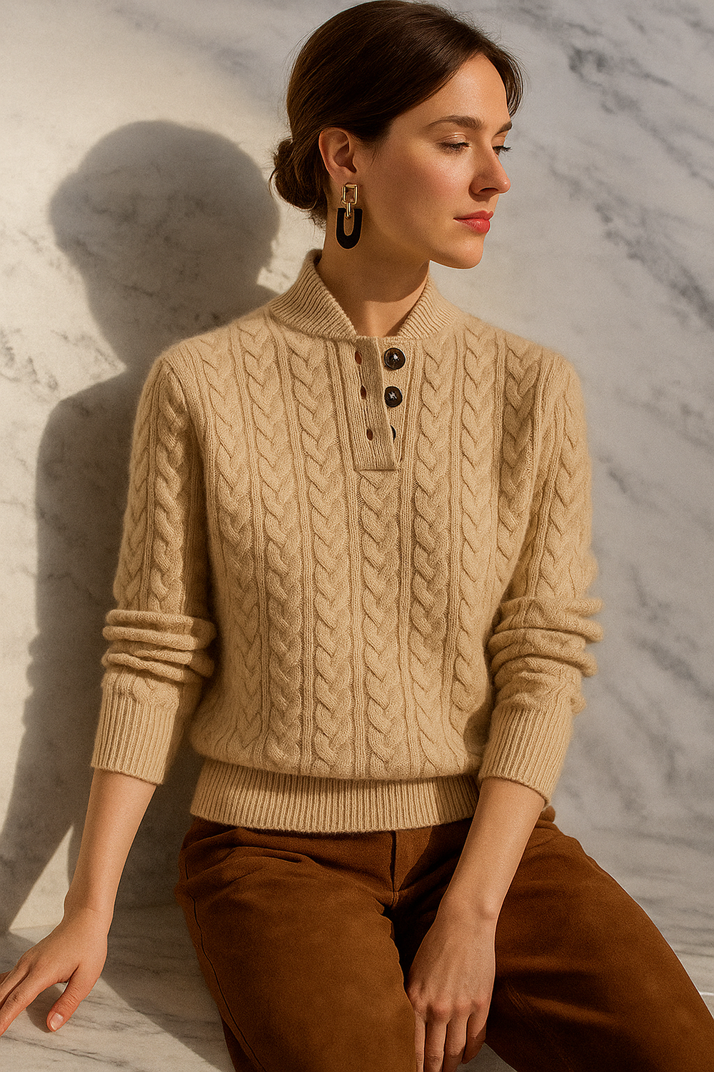 Women's Cable Knit Button Neck Sweater, Stand Collar Henley Pullover
