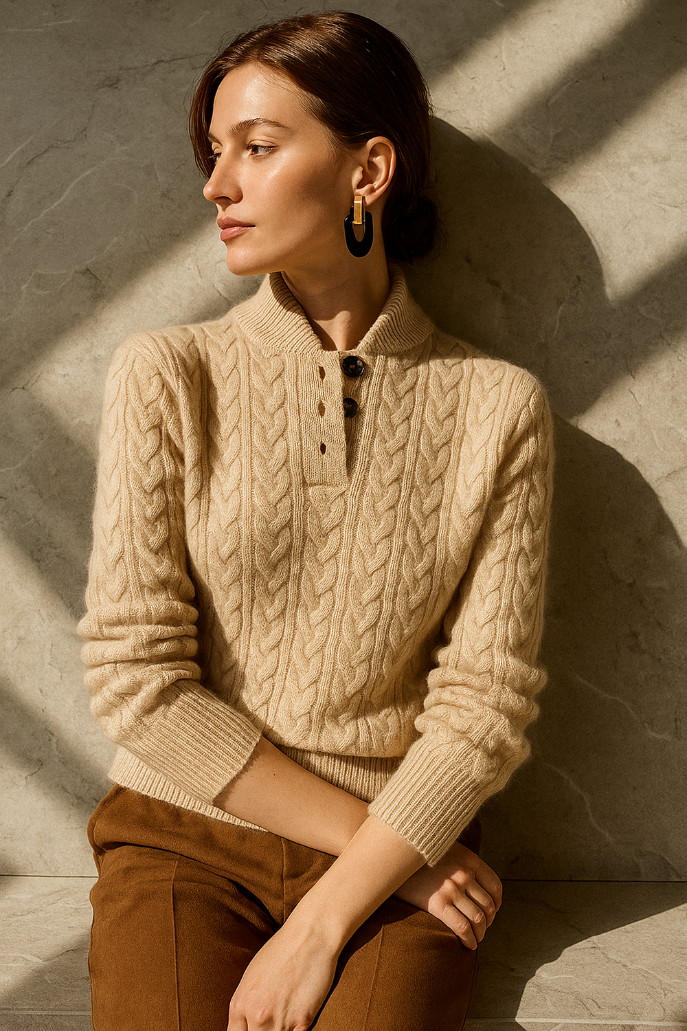 Women's Cable Knit Button Neck Sweater, Stand Collar Henley Pullover