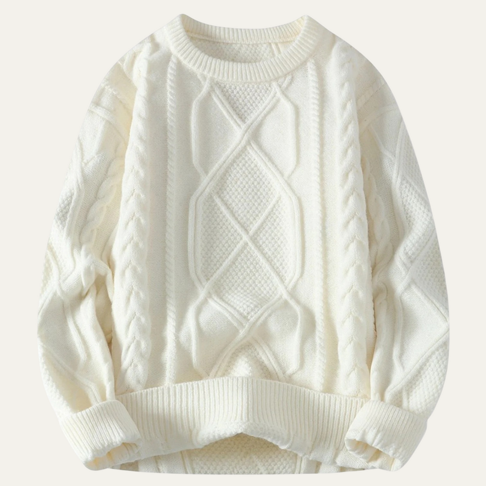 Men's Diamond Cable Knit Sweater, Relaxed Crewneck Winter Pullover