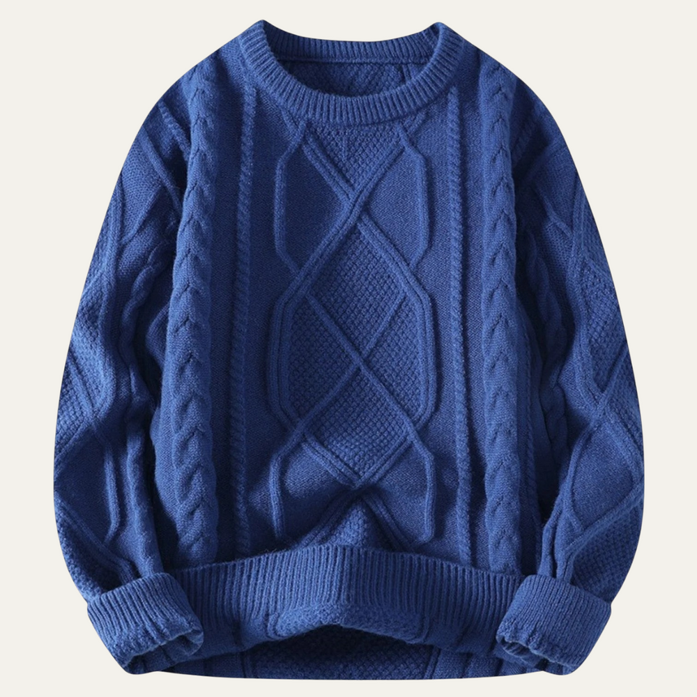 Men's Diamond Cable Knit Sweater, Relaxed Crewneck Winter Pullover