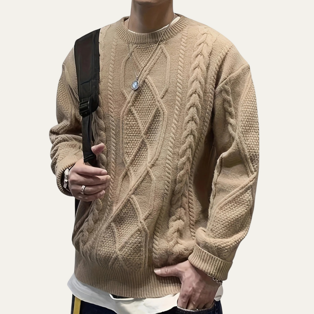 Men's Diamond Cable Knit Sweater, Relaxed Crewneck Winter Pullover