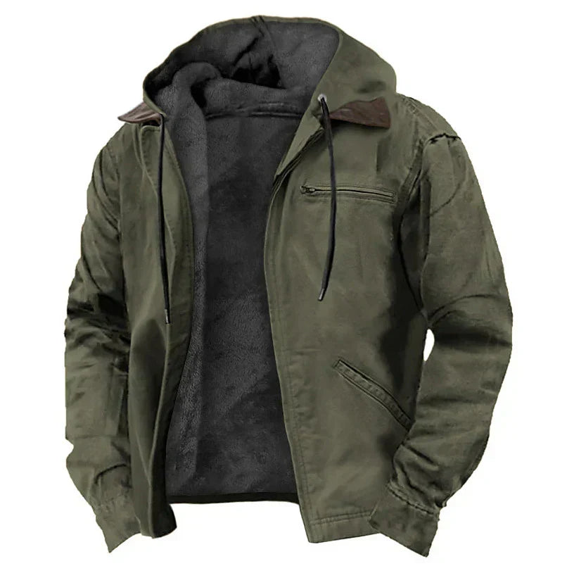 Men's Fleece Lined Hooded Work Jacket, Rugged Washed Utility Winter Jacket