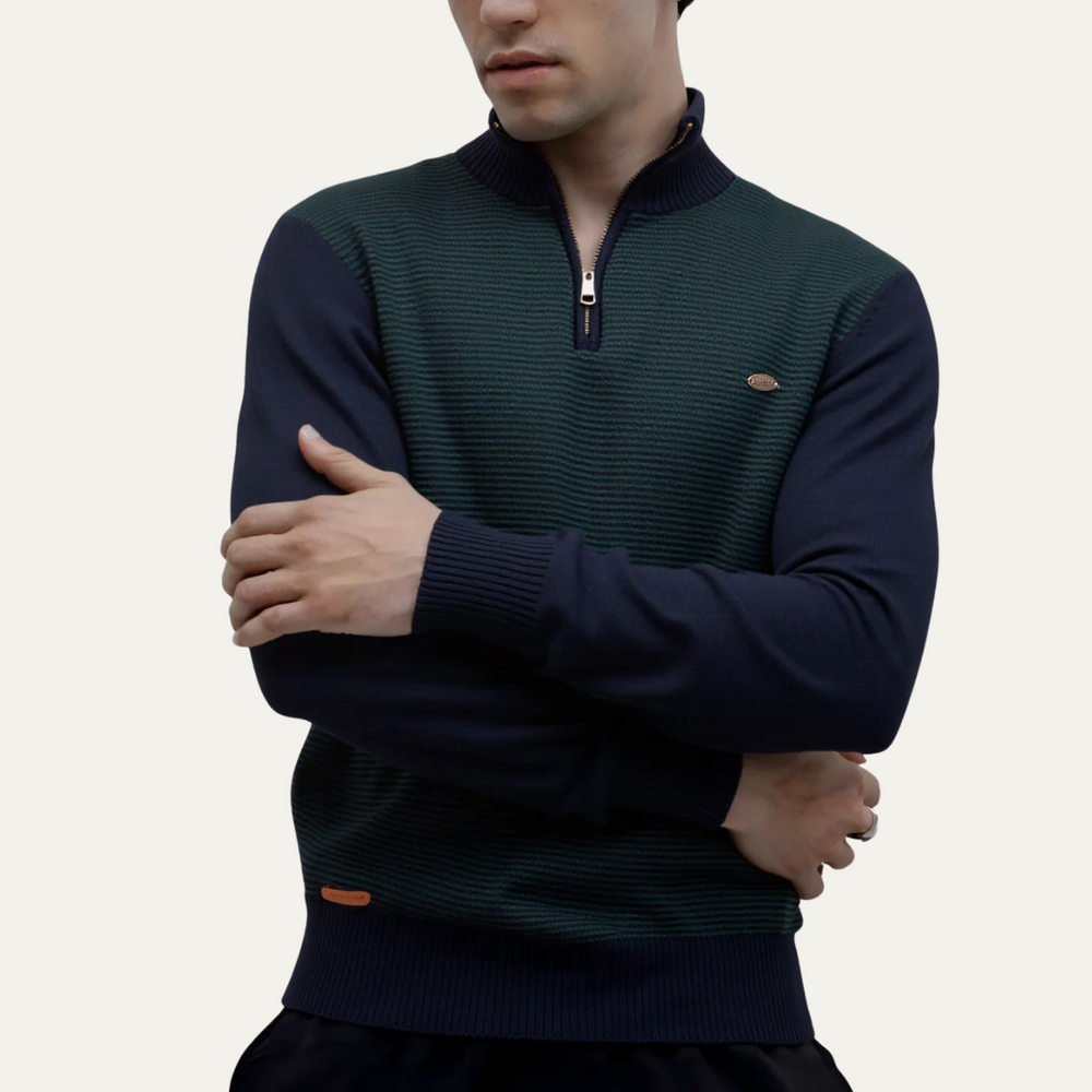 Men's Color Block Quarter Zip Sweater, Textured Stripe Stand Collar Pullover