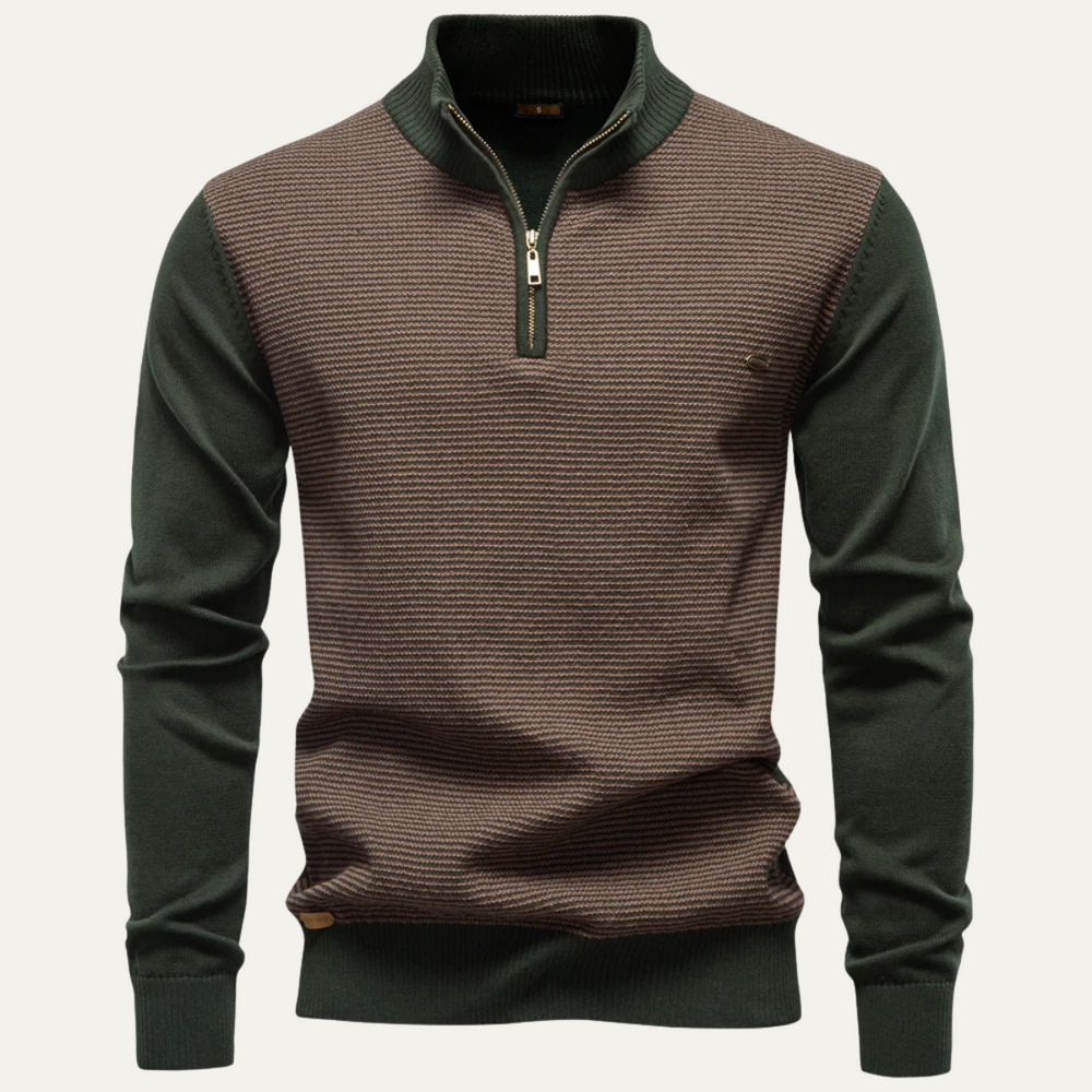 Men's Color Block Quarter Zip Sweater, Textured Stripe Stand Collar Pullover