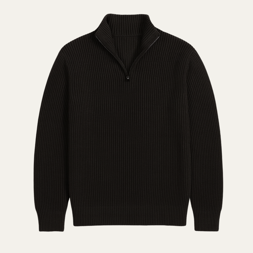 Men's Heavy Rib Knit Quarter Zip Sweater, Stand Collar Metal Zip Winter Pullover