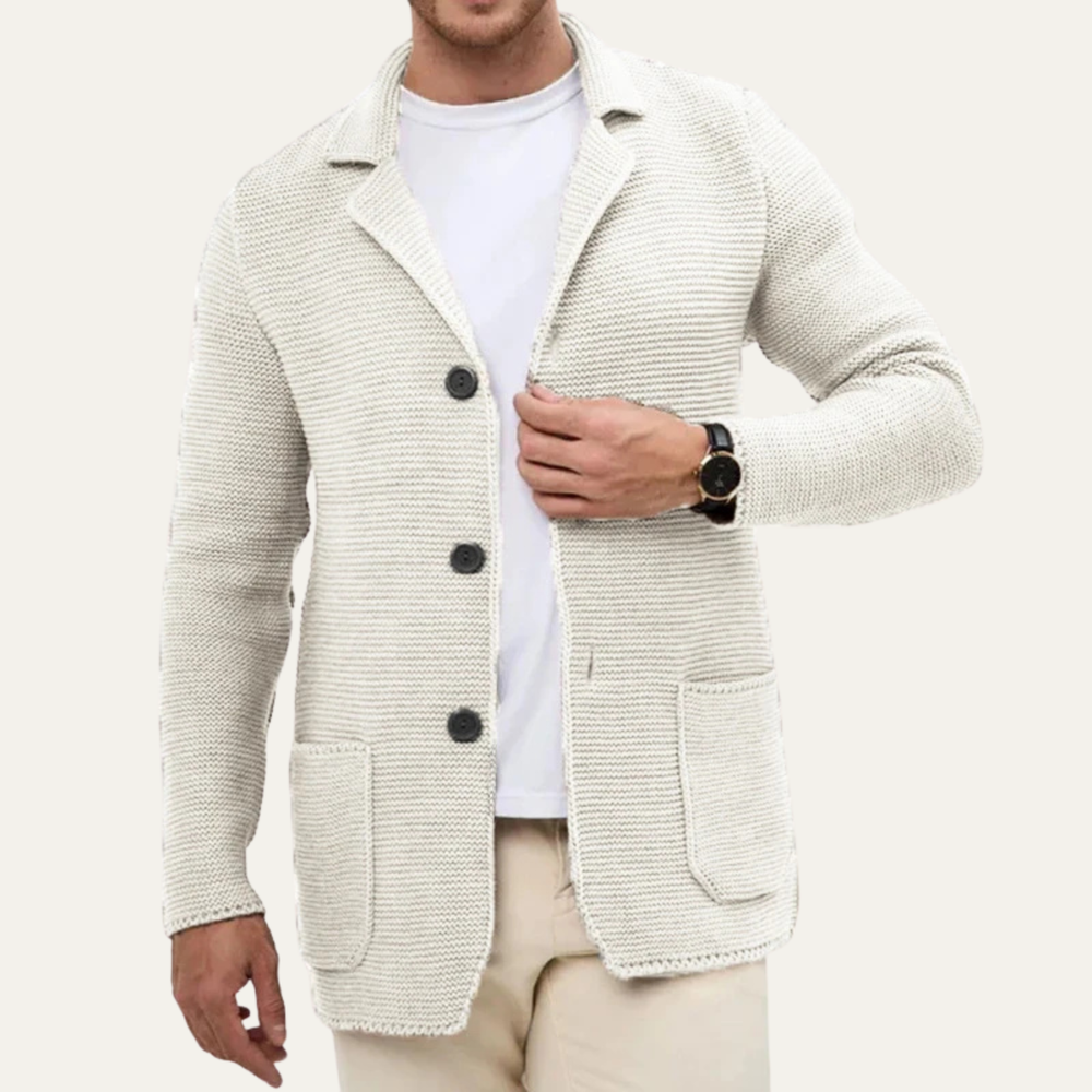 Men's Ridged Knit Blazer, Notch Lapel Button Front Cardigan Jacket