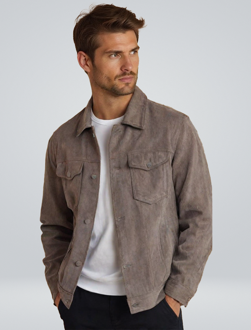 Men's Faux Suede Trucker Jacket, Snap Front Point Collar Lined Jacket