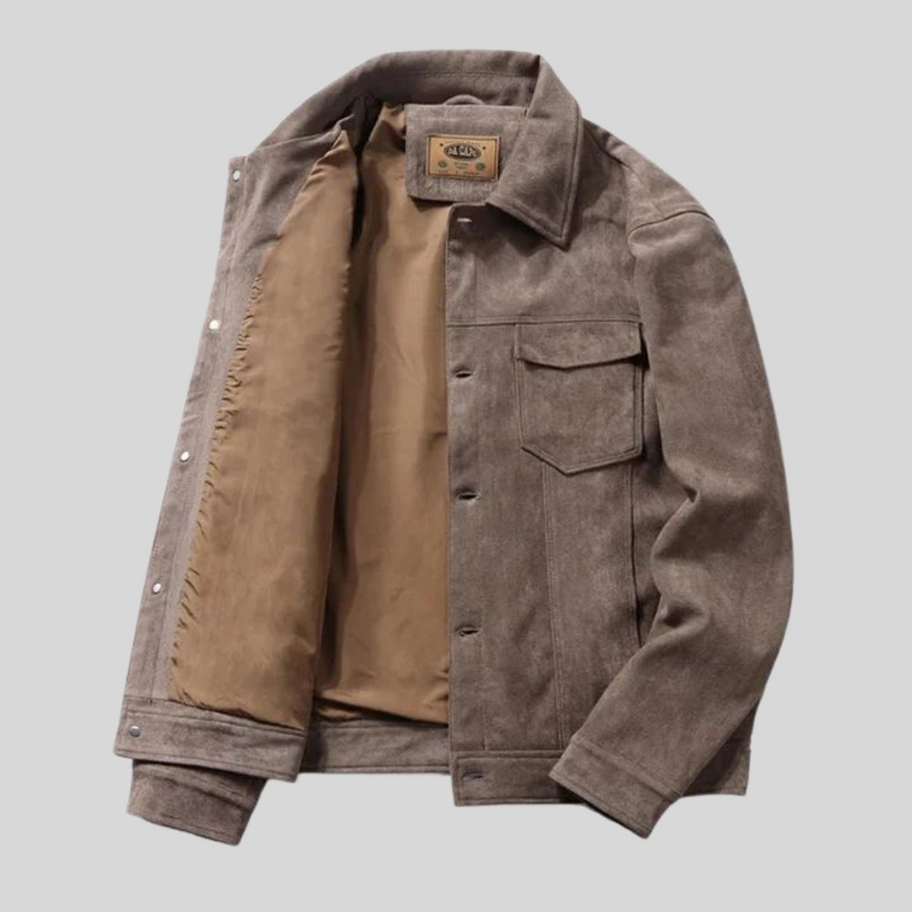 Men's Faux Suede Trucker Jacket, Snap Front Point Collar Lined Jacket