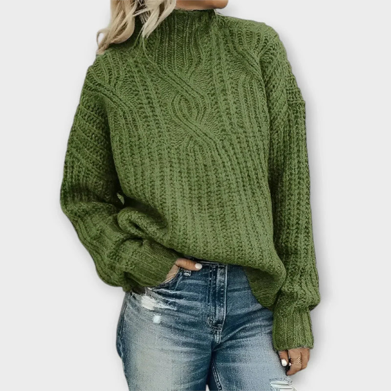 Women's Chunky Cable Knit Sweater, Mock Neck Oversized Drop Shoulder Pullover
