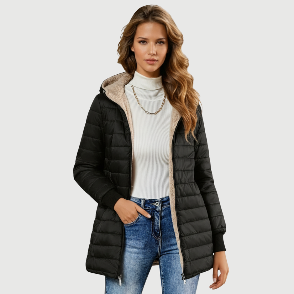 Women's Fleece Lined Quilted Puffer Jacket, Hooded Zip Up Fitted Winter Coat