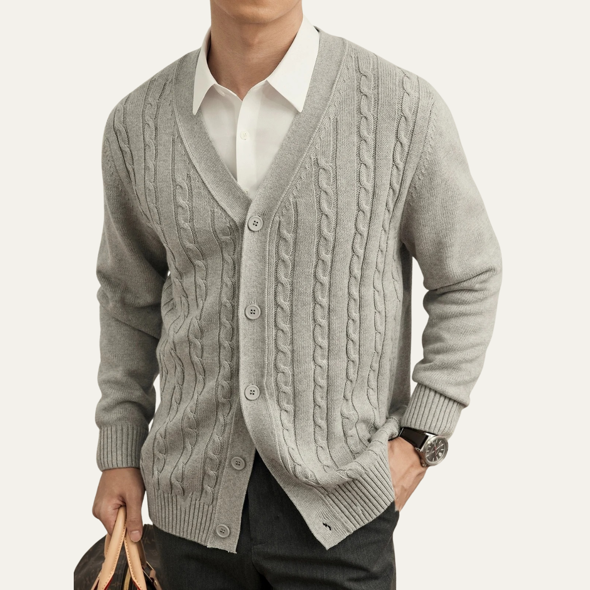Men's Cable-Knit Cardigan, V-Neck Sweater