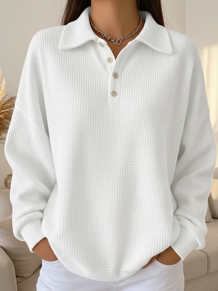 Women's Waffle Knit Polo Sweater, Four Button Collared Oversized Pullover