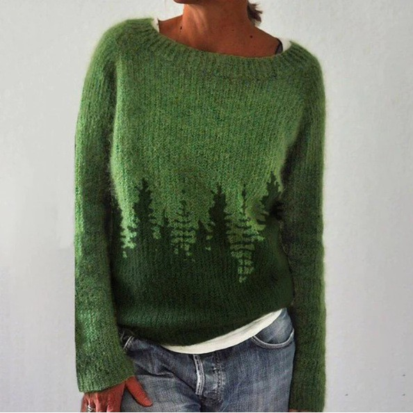 Women's Forest Pattern Knit Sweater, Fuzzy Crewneck Pine Tree Pullover