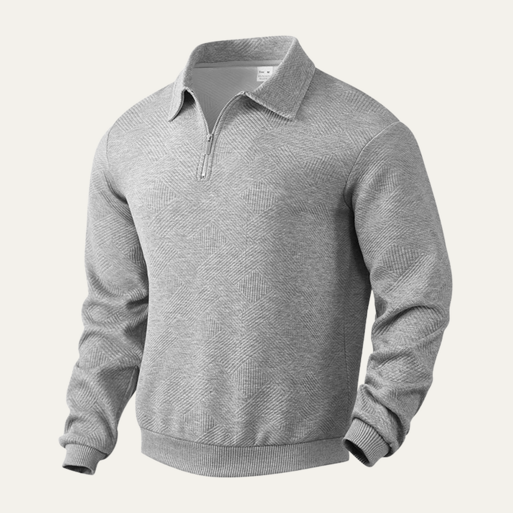 Men's Geometric Texture Quarter Zip Sweater, Spread Collar Relaxed Pullover