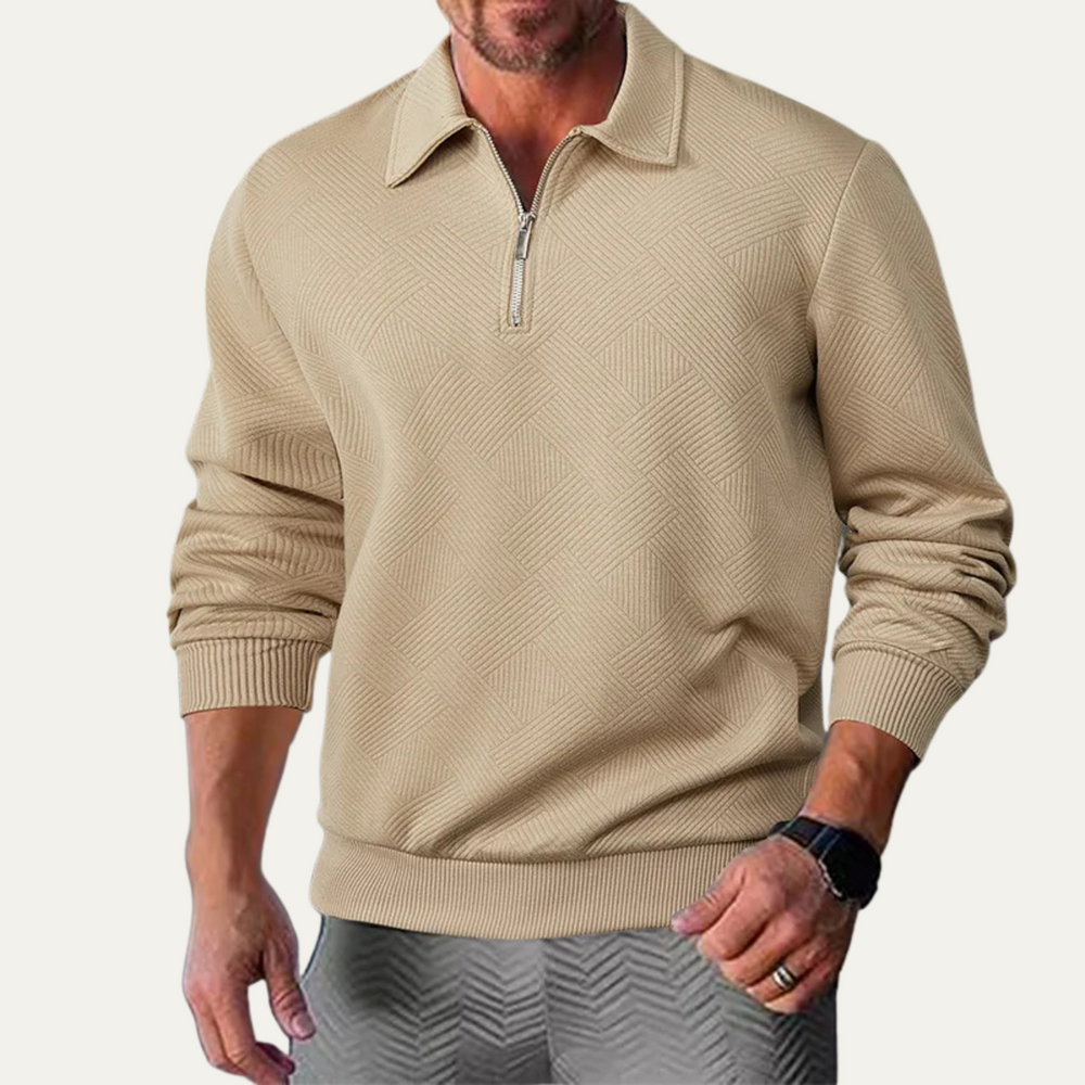 Men's Geometric Texture Quarter Zip Sweater, Spread Collar Relaxed Pullover