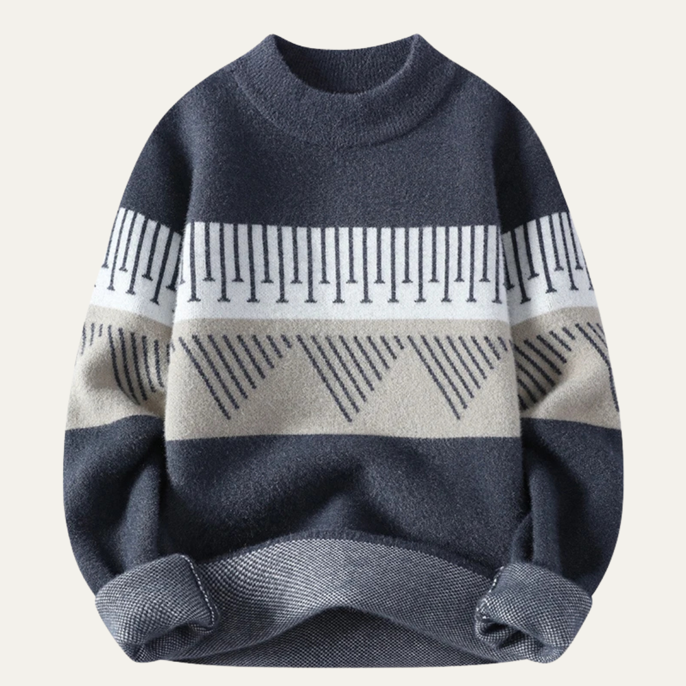 Men's Geometric Chest Band Sweater, Mid-Weight Crewneck Winter Pullover