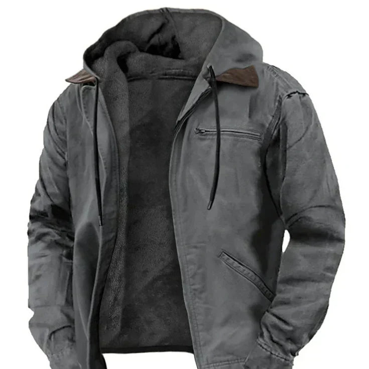 Men's Fleece Lined Hooded Work Jacket, Rugged Washed Utility Winter Jacket