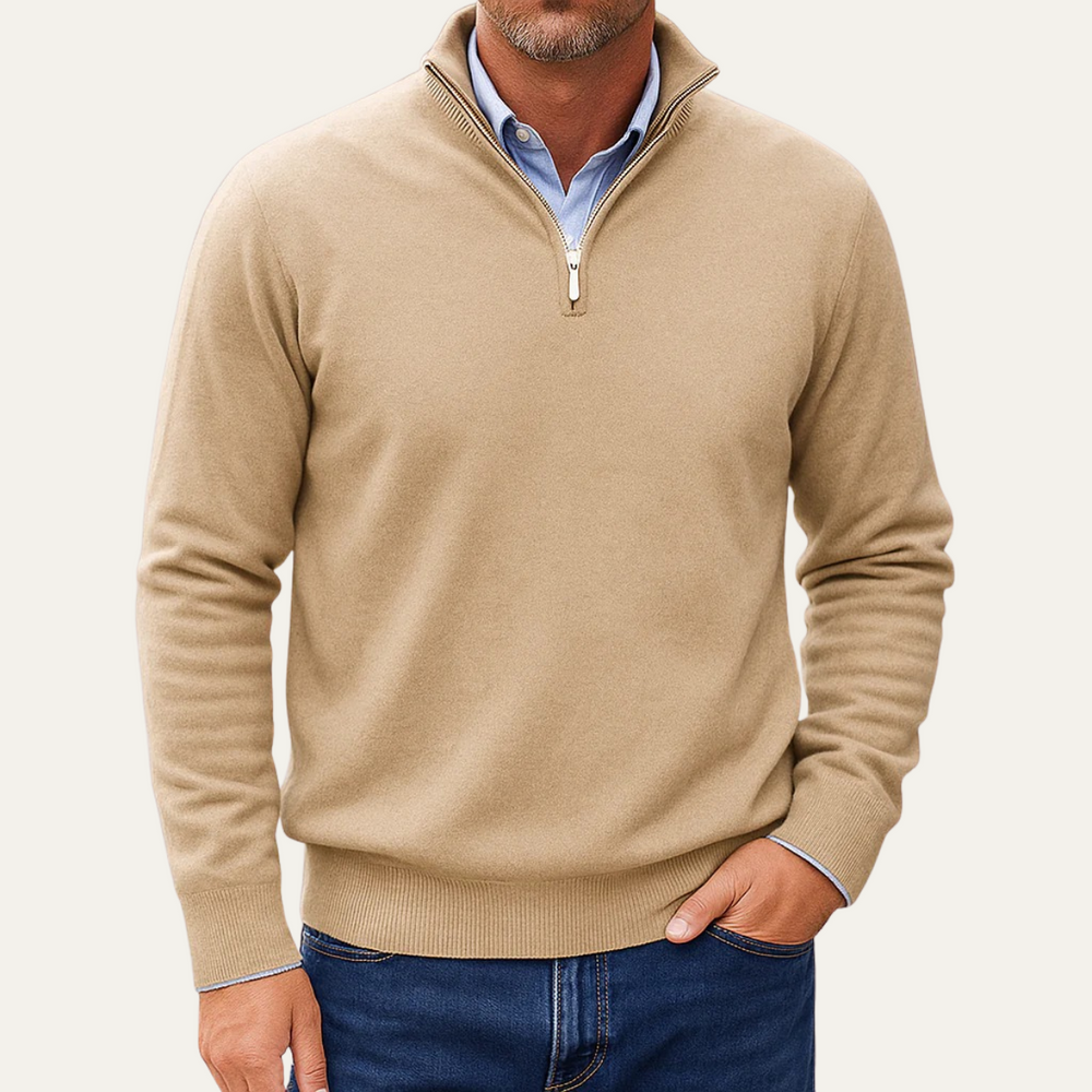 Men's Smooth Knit Quarter Zip Sweater, Mock Neck Ribbed Cuff Everyday Pullover