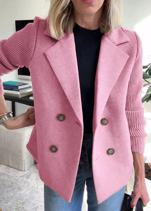 Women's Double Breasted Brushed Jacket, Knit Sleeve Notch Lapel Blazer Jacket