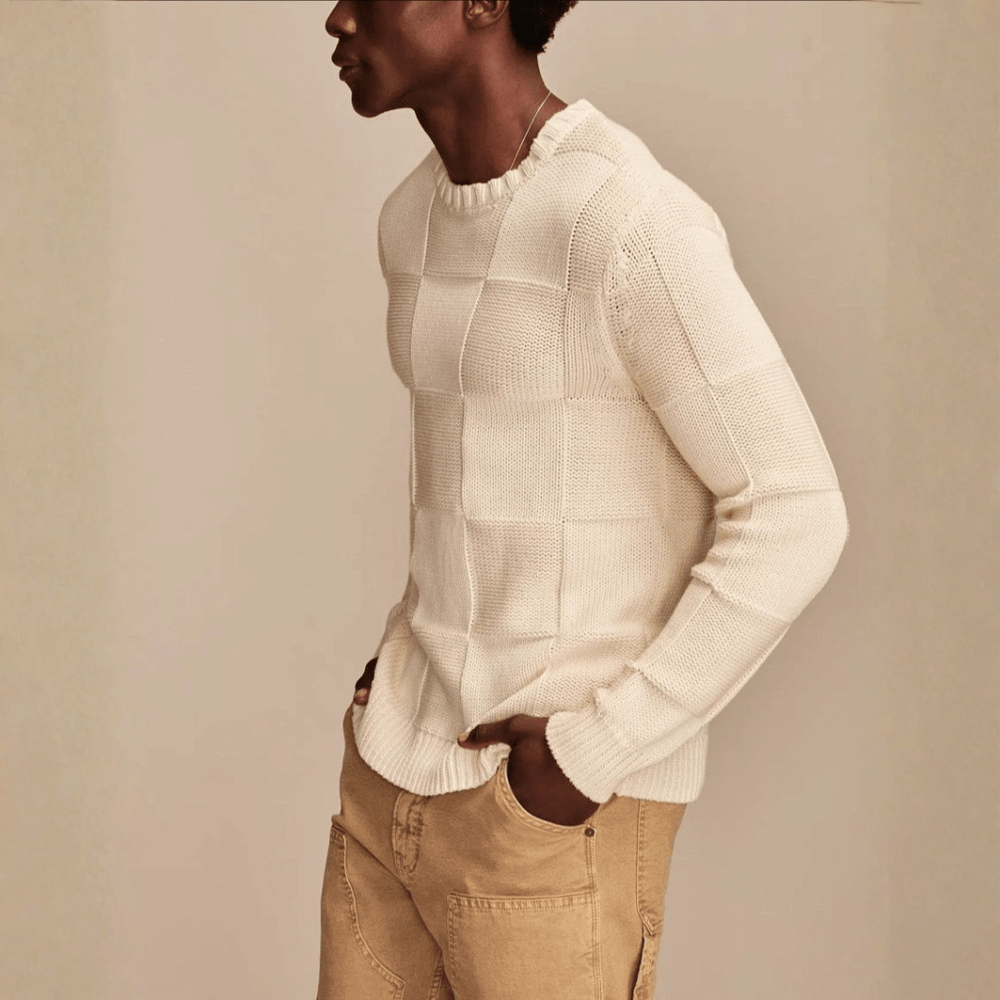 Men's Checkerboard Textured Knit Sweater, Crewneck Everyday Winter Pullover