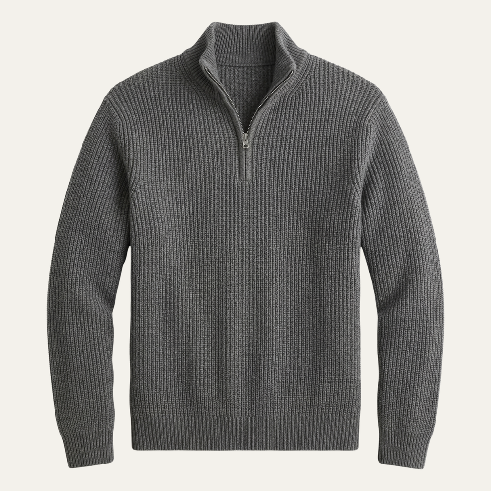 Men's Heavy Rib Knit Quarter Zip Sweater, Stand Collar Metal Zip Winter Pullover