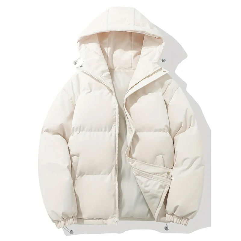 Men's Boxy Hooded Puffer Jacket, Quilted Drawcord Hem Zip Up Winter Coat