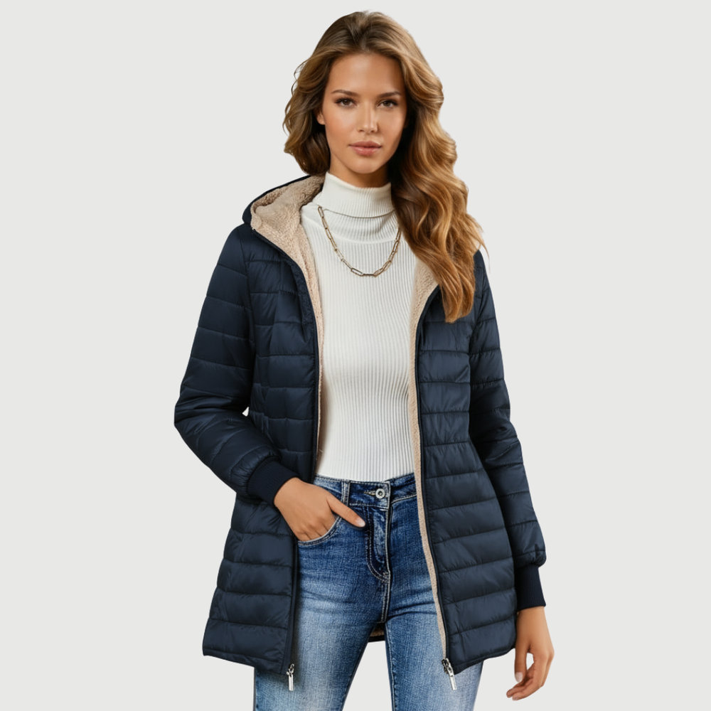 Women's Fleece Lined Quilted Puffer Jacket, Hooded Zip Up Fitted Winter Coat