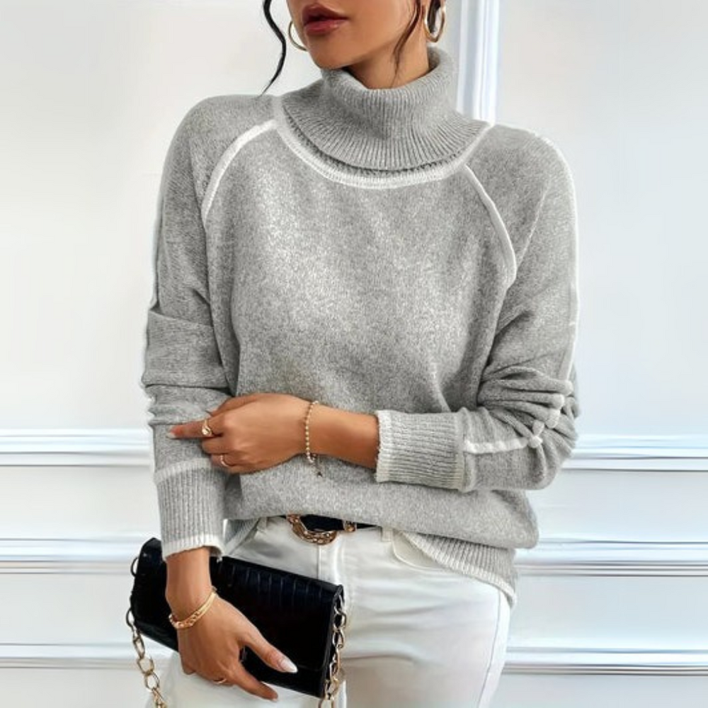 Women's Contrast Trim Turtleneck Sweater, Relaxed Soft Knit Winter Pullover