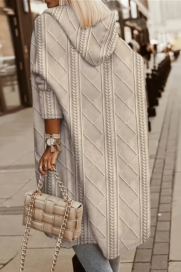 Women's Hooded Longline Cardigan, Cable Diamond Knit Open Front Patch Pocket Sweater