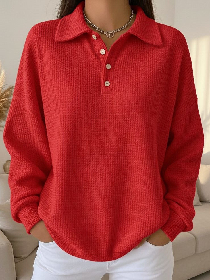 Women's Waffle Knit Polo Sweater, Four Button Collared Oversized Pullover