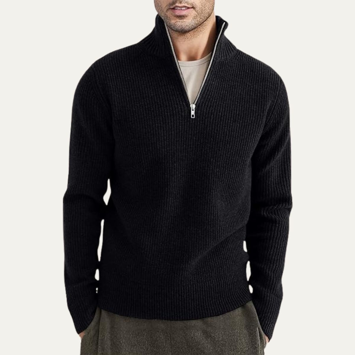 Men's Vertical Ribbed Quarter Zip Sweater, High Stand Collar Winter Pullover