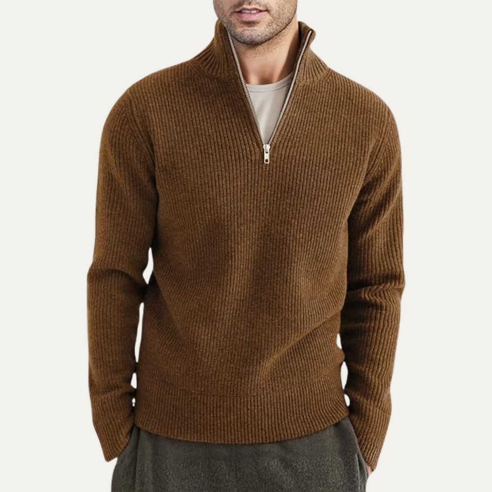 Men's Vertical Ribbed Quarter Zip Sweater, High Stand Collar Winter Pullover